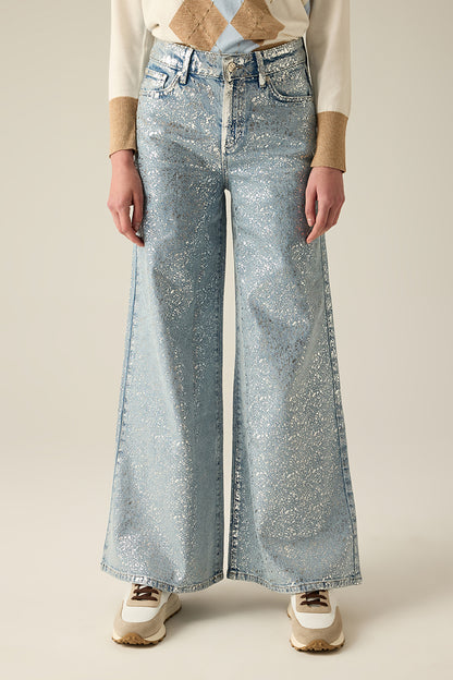 Women's glitter denim trousers light blue