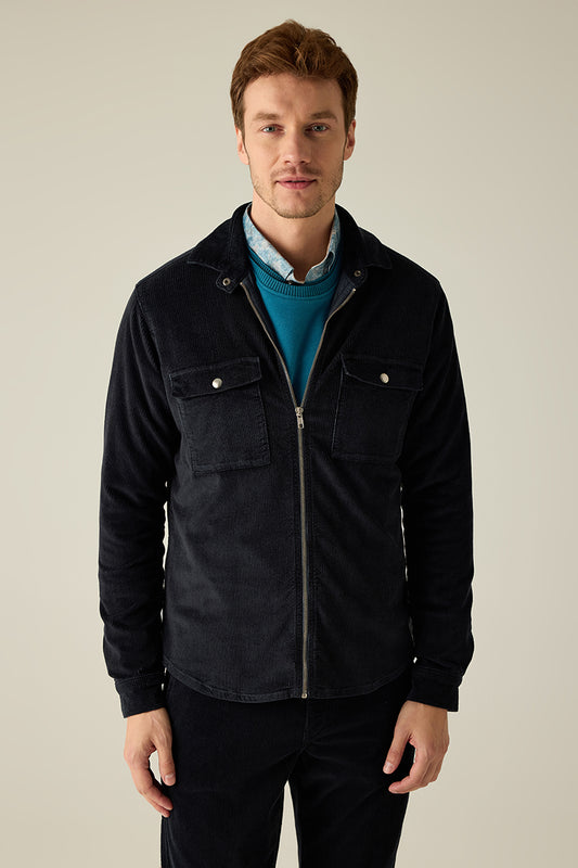 Navy corduroy overshirt with shirt collar