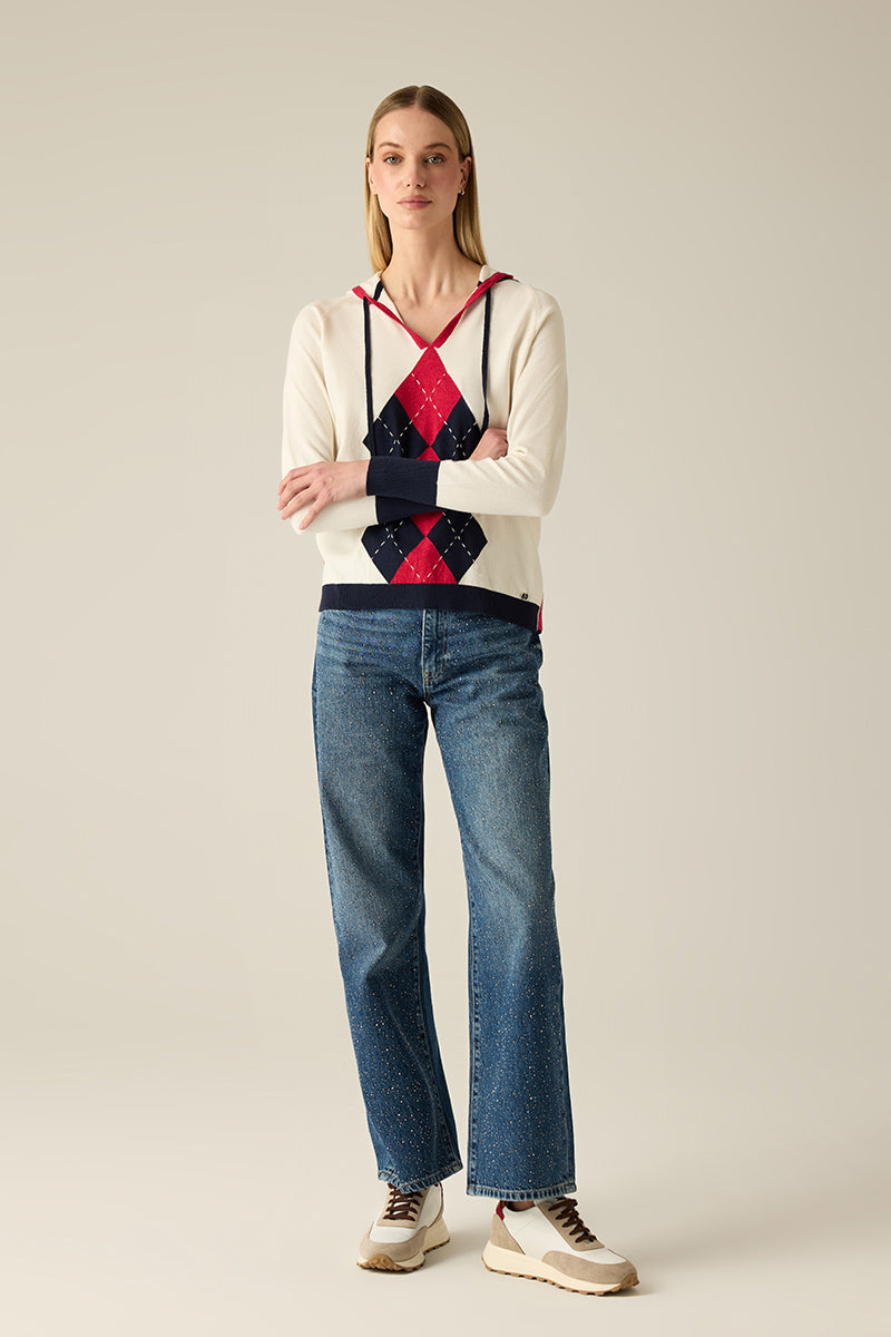 Premium-Strick-Kapuzenpullover in Cotton Combi mit Argyle-Muster. Farblich abgesetzte Bündchen, hochwertig, elegant & vielseitig tragbar.