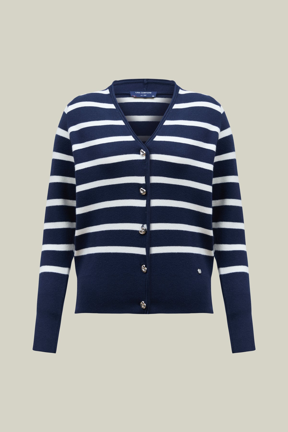 Gestreifter Strick-Cardigan in Navy mit V-Ausschnitt & Knopfleiste. Premium-Qualität mit Uni-Bündchen – elegant & vielseitig.