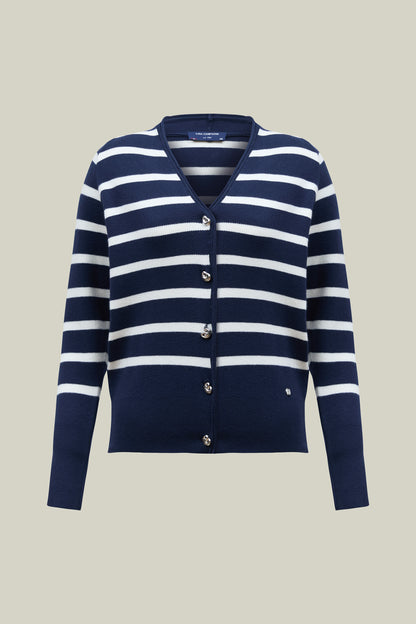 Women's Cardigan Navy – Striped Knit with V-Neck