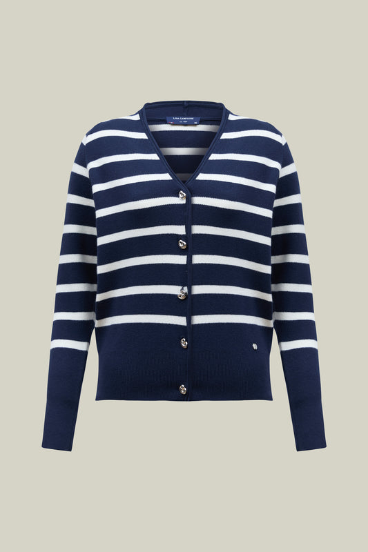 Women's Cardigan Navy – Striped Knit with V-Neck