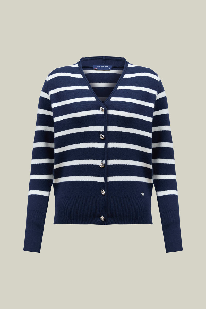 Damen Cardigan Navy – Gestreifter Strick mit V-Ausschnitt
