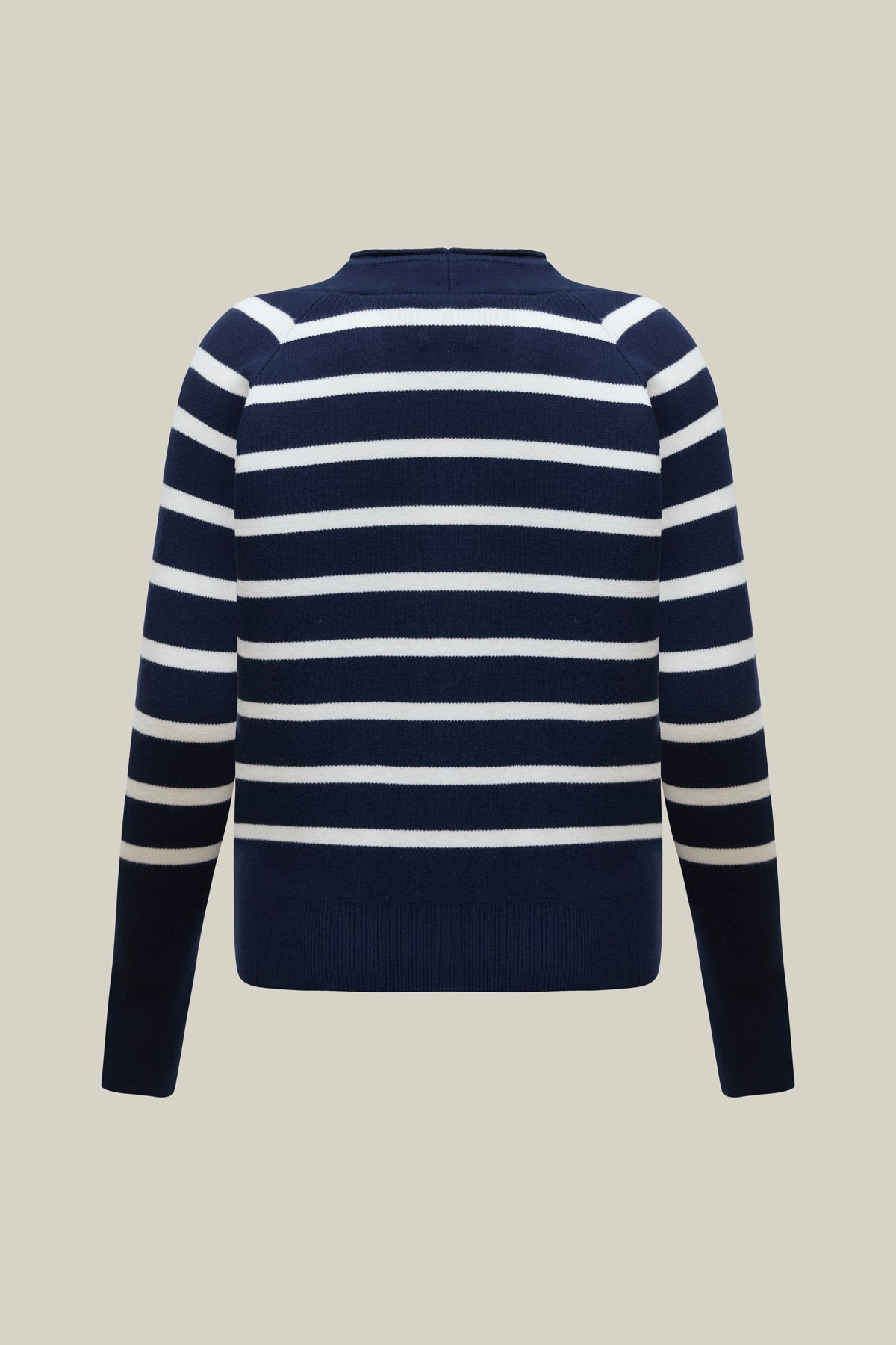 Gestreifter Strick-Cardigan in Navy mit V-Ausschnitt & Knopfleiste. Premium-Qualität mit Uni-Bündchen – elegant & vielseitig.