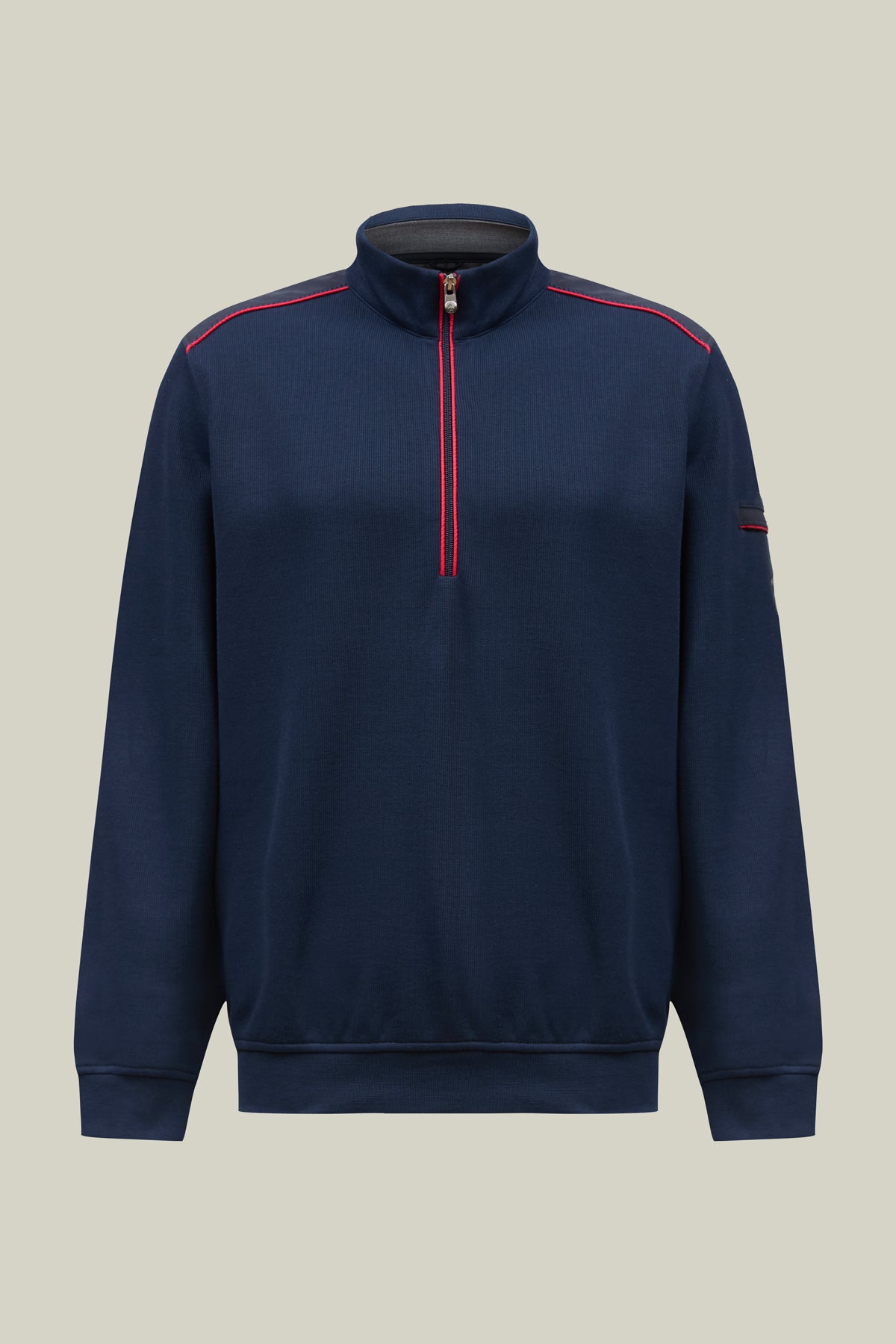 Stand-up-Collar Sweatshirt aus Interlock mit Piping-Details & rmel-Tasche – sportiv & elegant kombinierbar.
