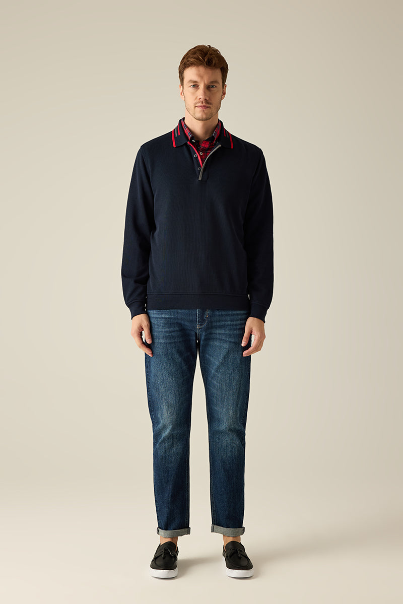 Interlock-Selanik-Sweatshirt mit Strick-Polokragen, Kontraststreifen & Piping-Knopfleiste
