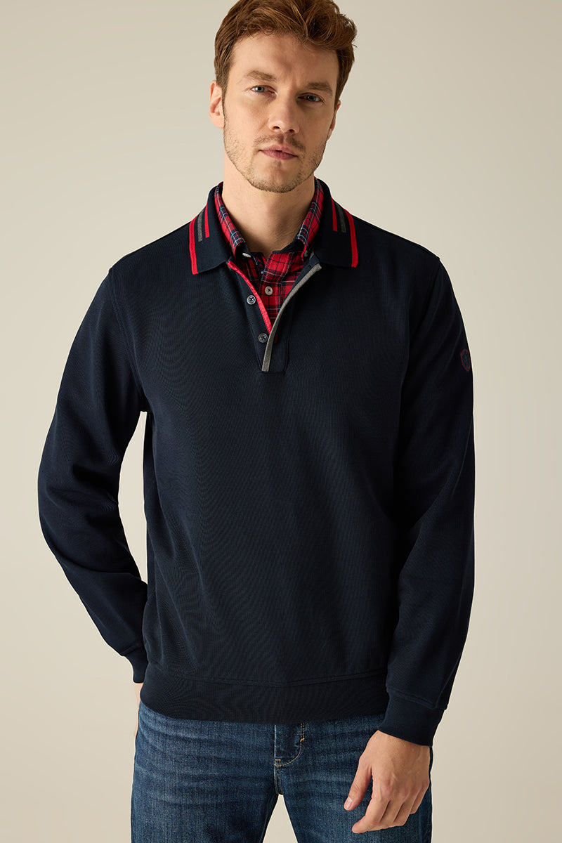 Interlock-Selanik-Sweatshirt mit Strick-Polokragen, Kontraststreifen & Piping-Knopfleiste
