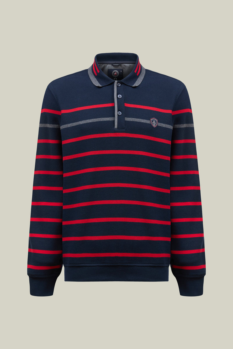 Striped men's long-sleeved polo shirt in navy and red