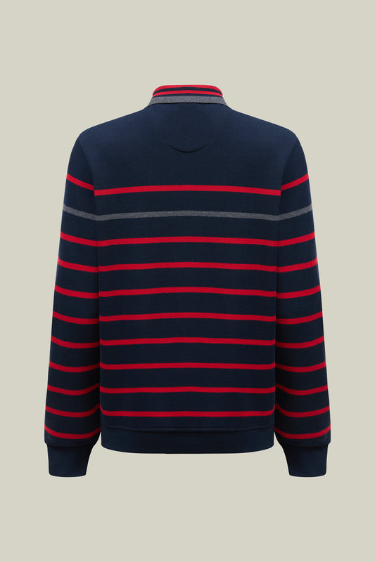 Striped men's long-sleeved polo shirt in navy and red