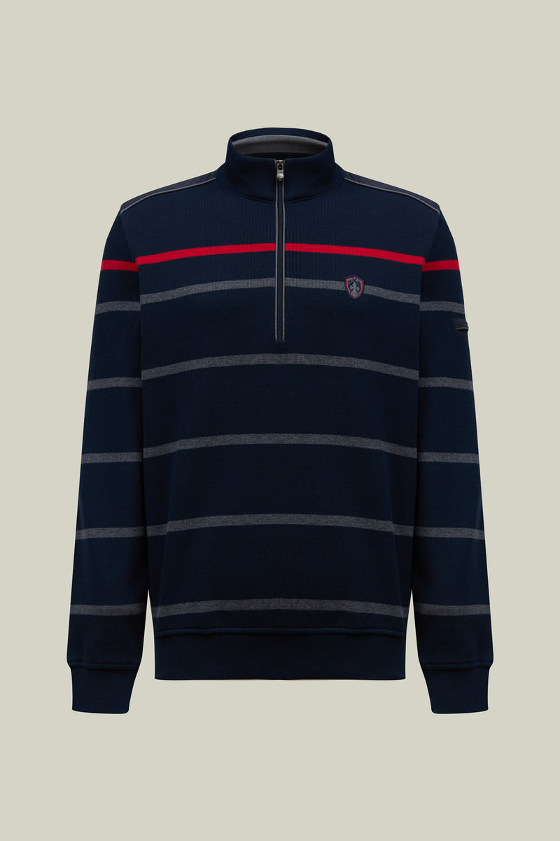 Men's Modern Fit Sweater – Navy with Stripes and Half Zip