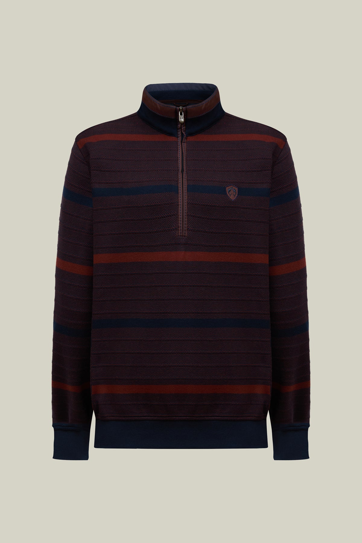 Jacquard-Selanik-Sweatshirt mit Ton-in-Ton-Ringel, Farb-Akzenten, Stand-up-Collar & Stickerei.