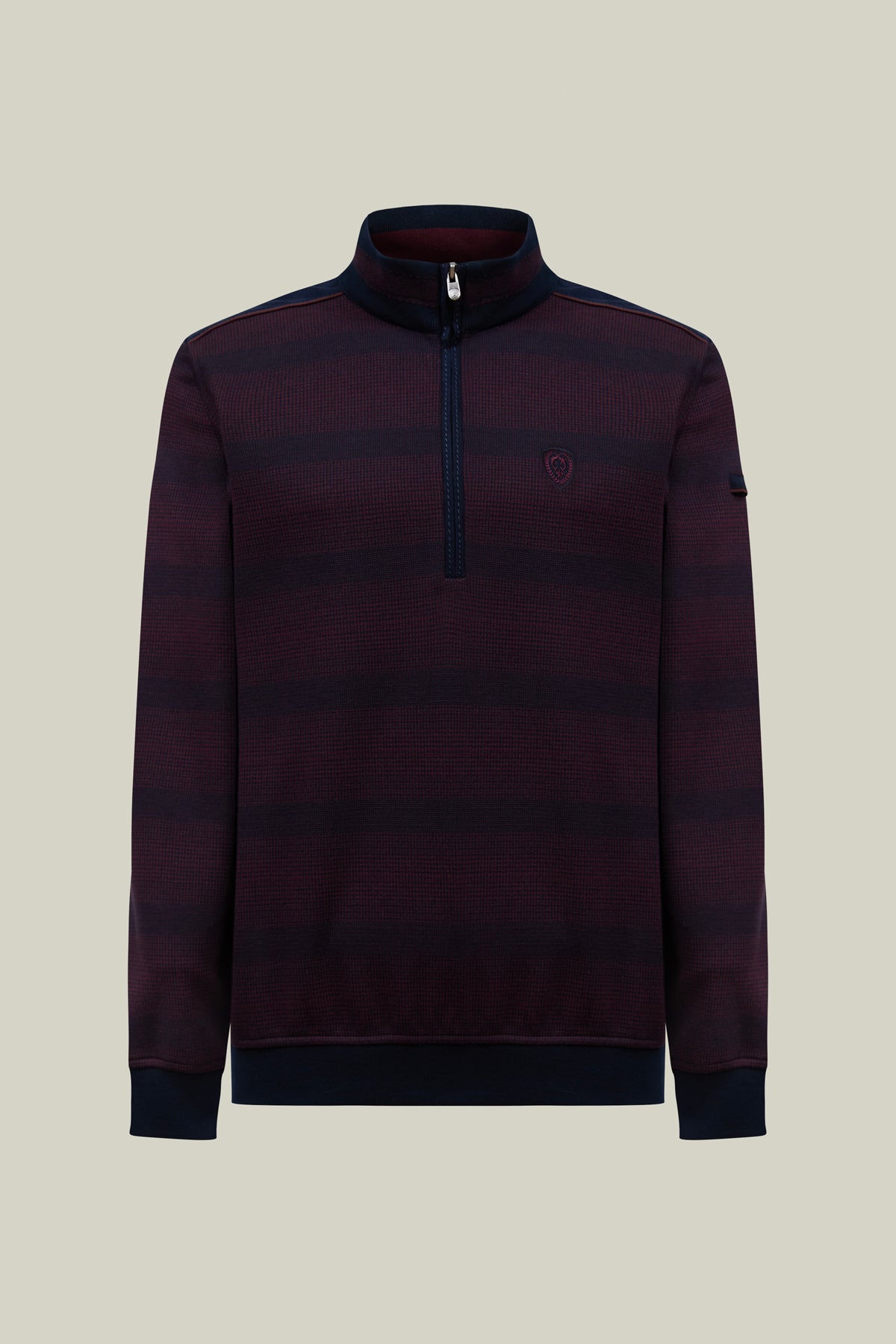 Herren Strickpullover Modern Fit – Bordeaux Navy Streifen mit Halbzip