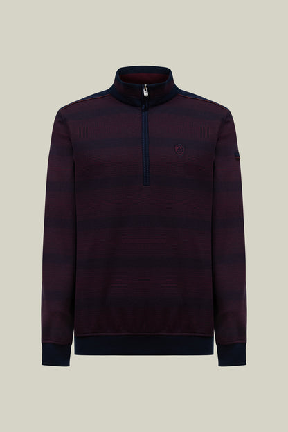 Herren Strickpullover Modern Fit – Bordeaux Navy Streifen mit Halbzip