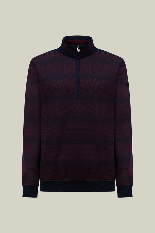 Herren Strickpullover Modern Fit – Bordeaux Navy Streifen mit Halbzip
