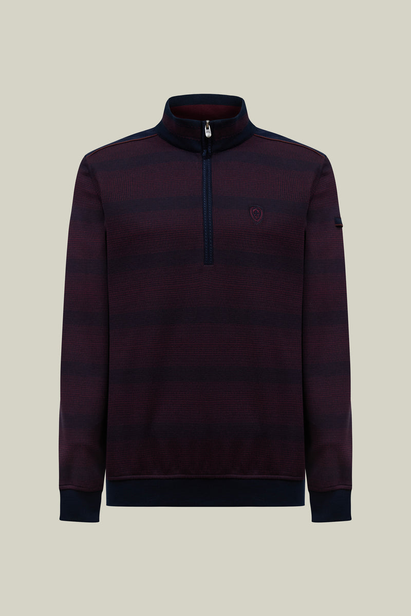 Men's Knitted Sweater Modern Fit – Bordeaux Navy Stripes with Half Zip