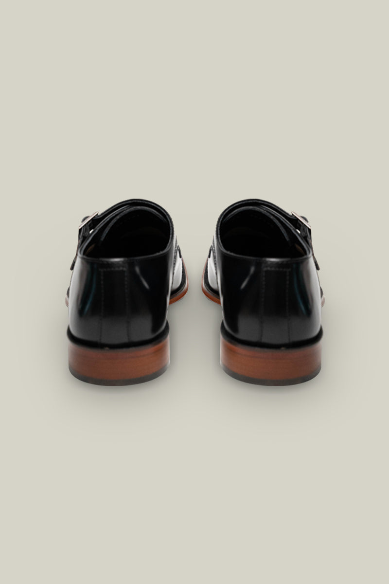 Premium CC double monk made of smooth leather with double buckle, in brown, navy and black.