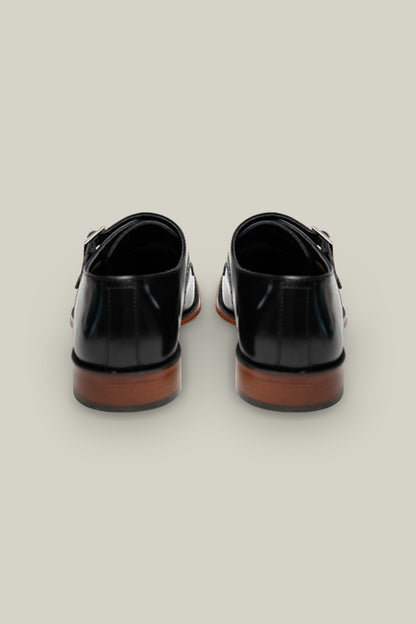 Premium CC double monk made of smooth leather with double buckle, in brown, navy and black.