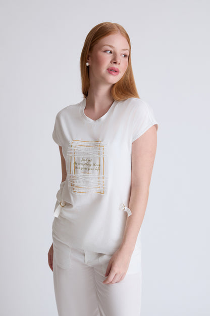 Modal-elastane T-shirt with front print and gathers (1/2 sleeve)