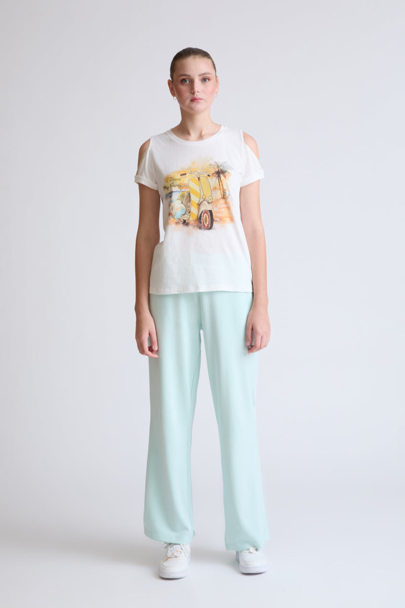 Pure cotton T-shirt with front print and shoulder detail (half-sleeve)