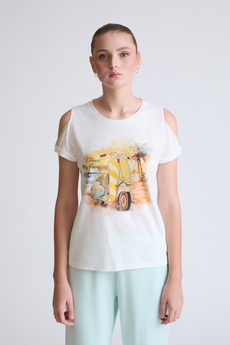 Pure cotton T-shirt with front print and shoulder detail (half-sleeve)