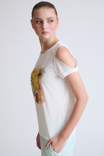 Pure cotton T-shirt with front print and shoulder detail (half-sleeve)