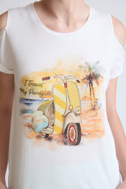 Pure cotton T-shirt with front print and shoulder detail (half-sleeve)