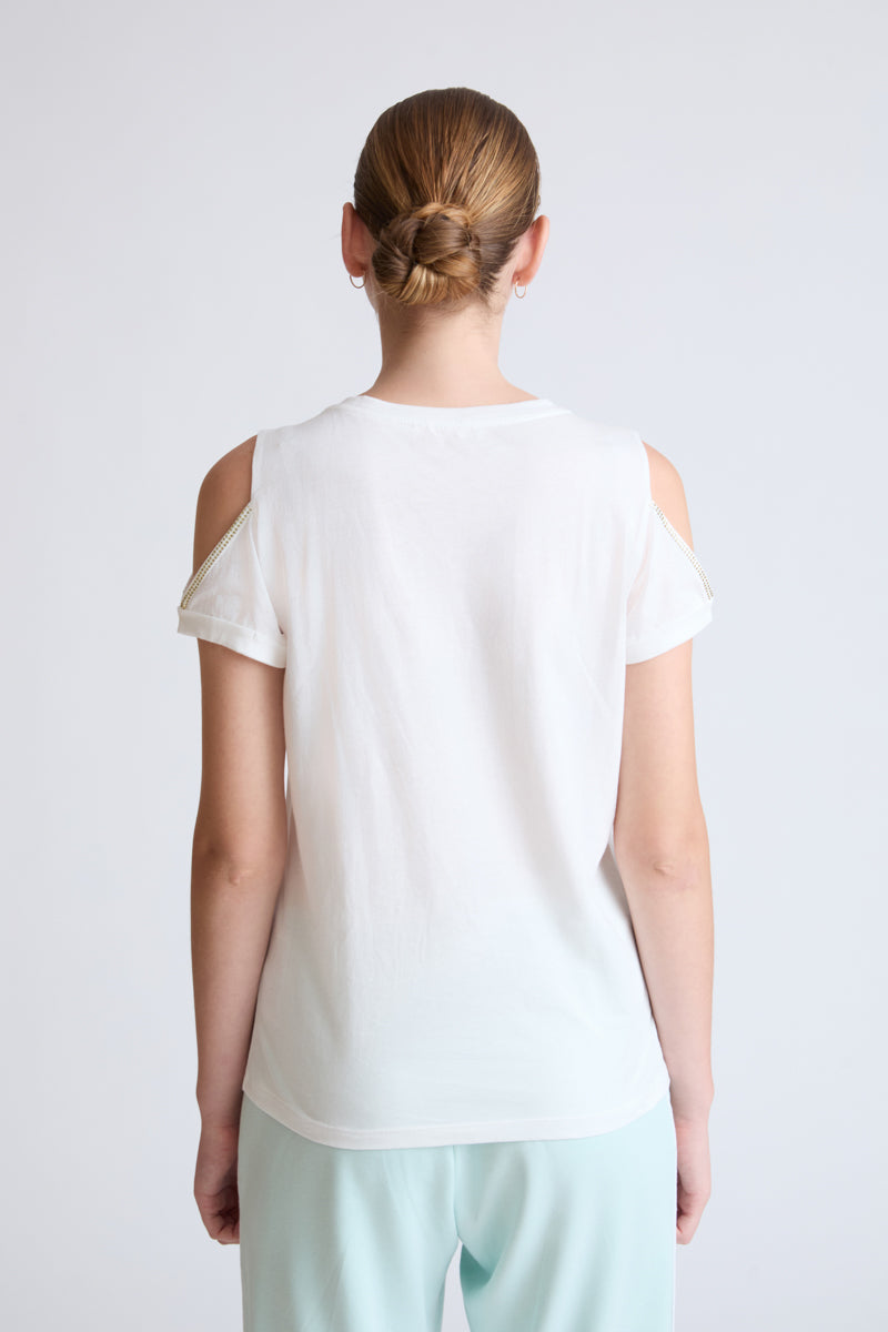 Pure cotton T-shirt with front print and shoulder detail (half-sleeve)