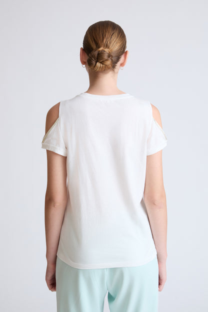 Pure cotton T-shirt with front print and shoulder detail (half-sleeve)