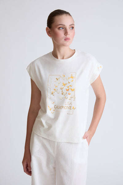 T-Shirt aus Baumwolle-Modal-Elasthan mit Schmetterlings-Frontprint
