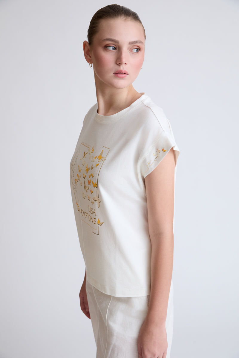 Cotton-modal-elastane T-shirt with butterfly front print (1/4 sleeves)