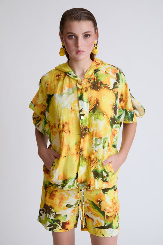 Jacke mit Kapuze und Floralprint aus Lycra (3/4 Arm)