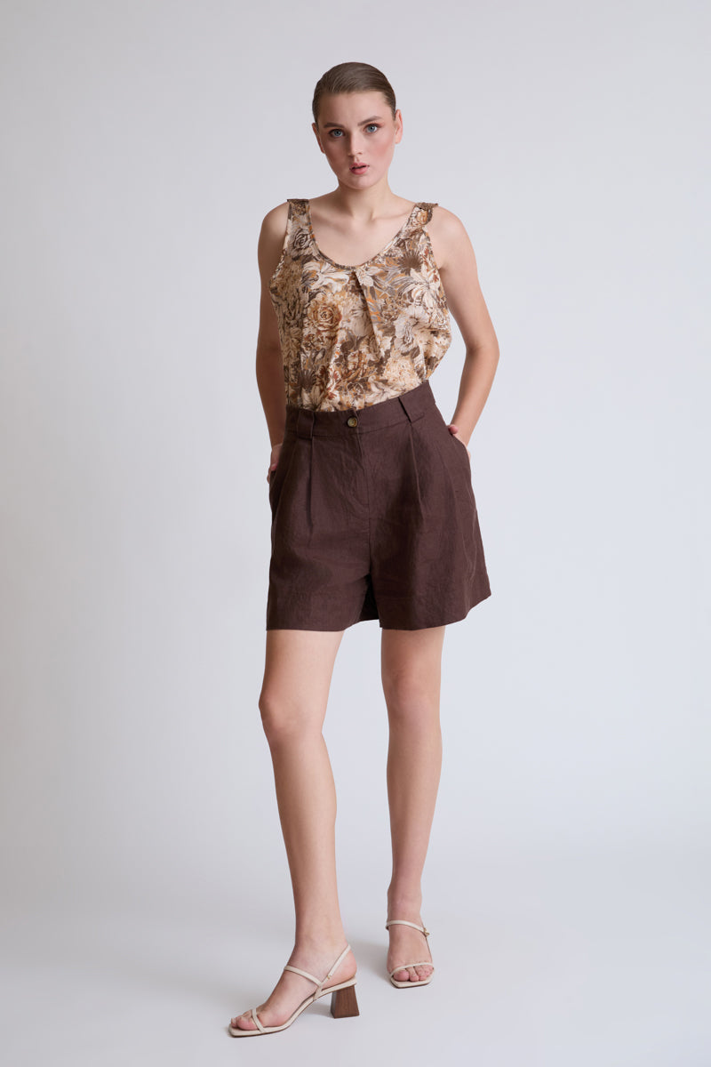 Pure linen pleated shorts (Women's Shorts)