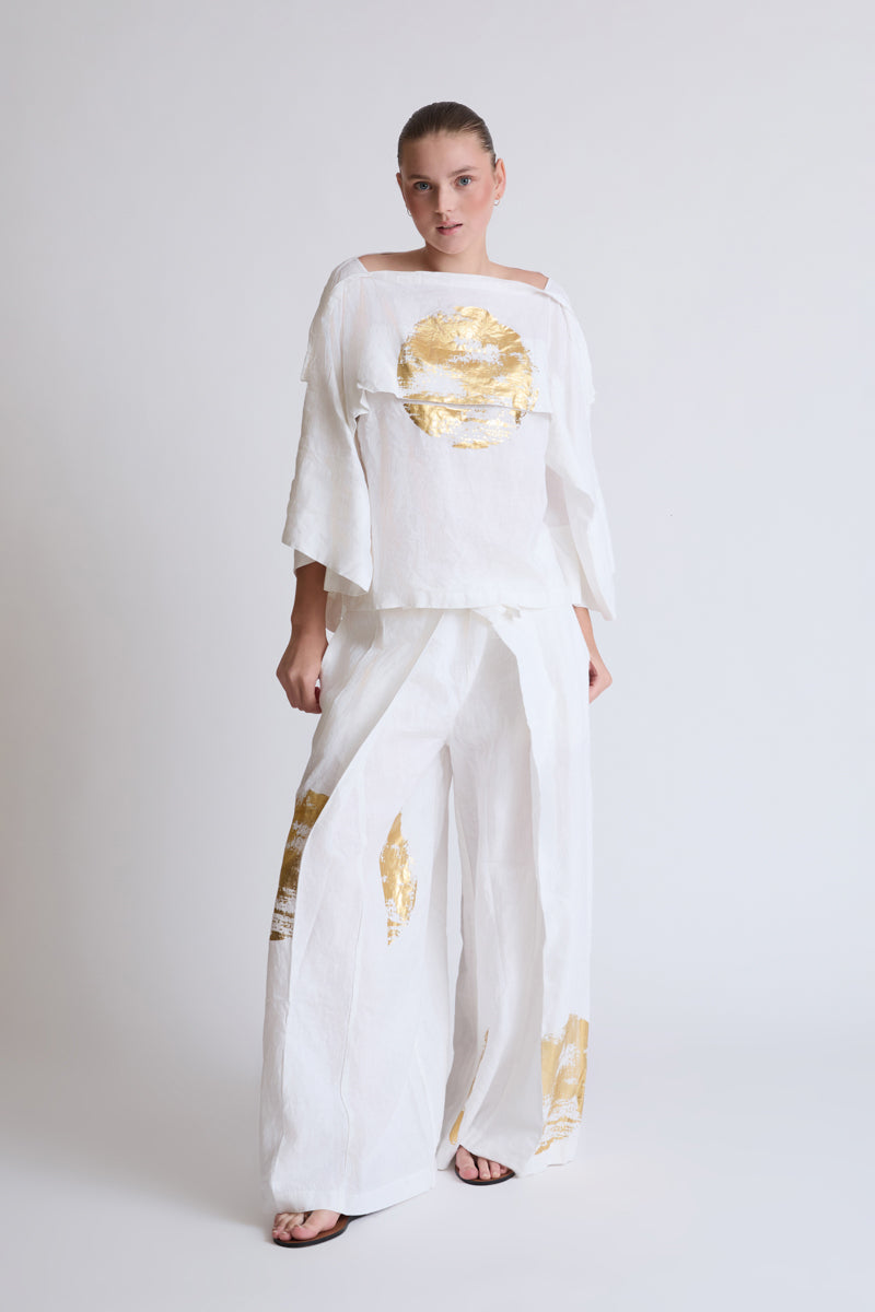 Bluse aus Lycra mit weitem Ausschnitt und Goldprint (DOB Bluse)