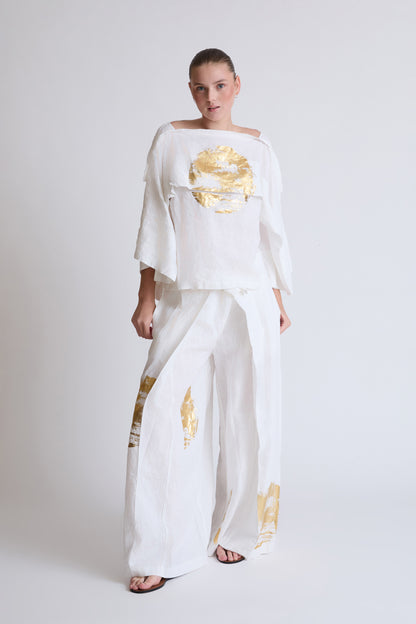 Bluse aus Lycra mit weitem Ausschnitt und Goldprint (DOB Bluse)