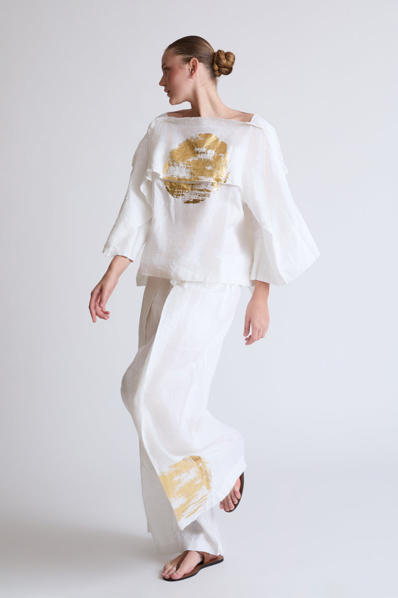 Bluse aus Lycra mit weitem Ausschnitt und Goldprint (DOB Bluse)