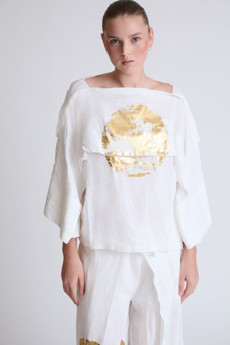 Bluse aus Lycra mit weitem Ausschnitt und Goldprint (DOB Bluse)