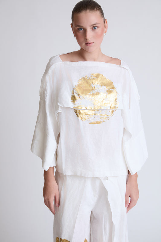 Bluse aus Lycra mit weitem Ausschnitt und Goldprint (DOB Bluse)