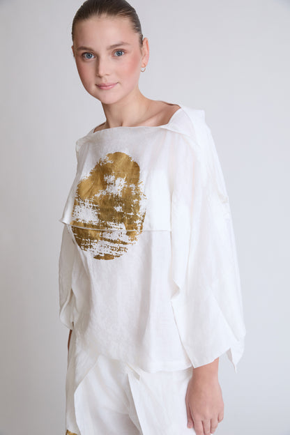 Bluse aus Lycra mit weitem Ausschnitt und Goldprint (DOB Bluse)