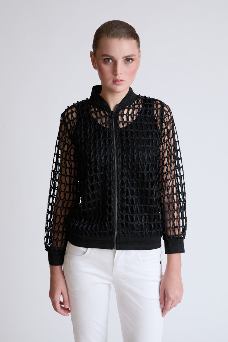 Polyester blouson jacket with mesh structure and zipper
