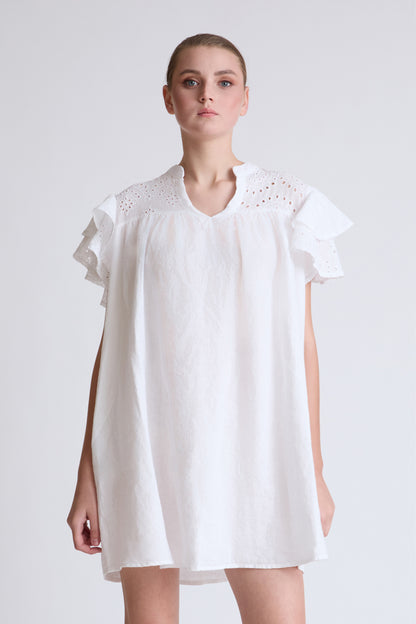 Lycra dress with broderie anglaise and flounce sleeves