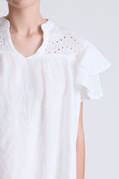 Lycra dress with broderie anglaise and flounce sleeves