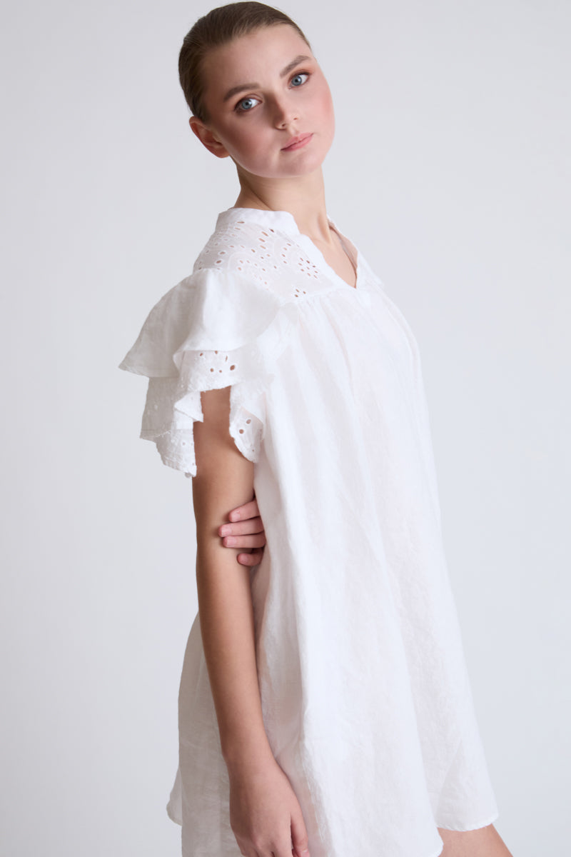 Lycra dress with broderie anglaise and flounce sleeves