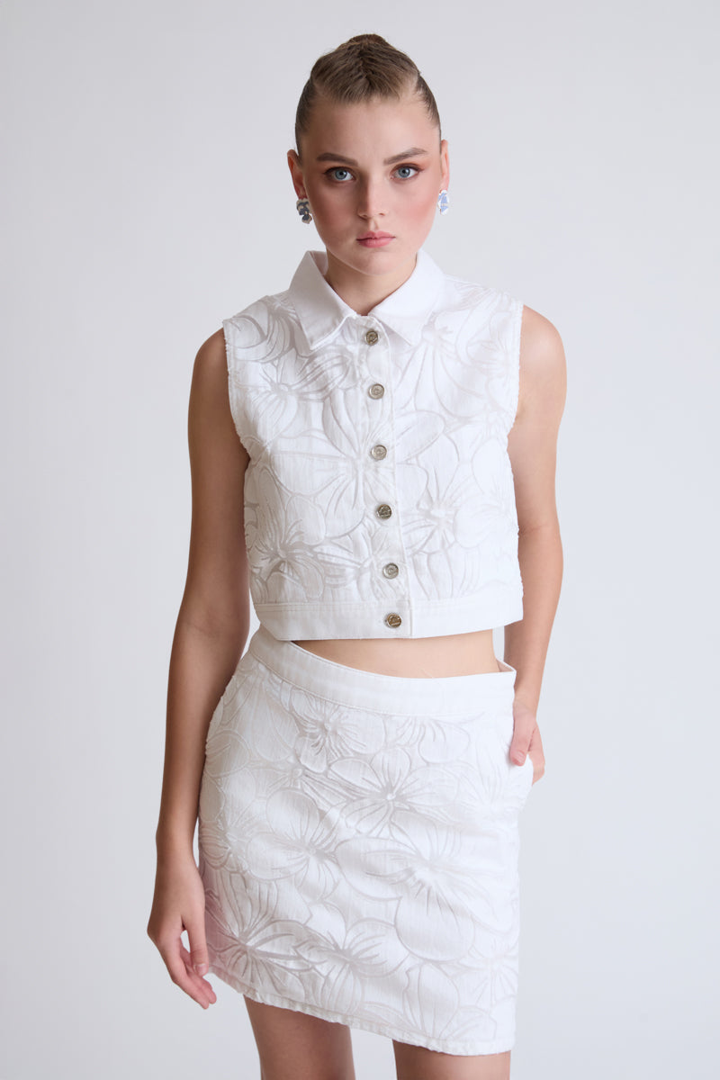 Cotton-polyamide vest with floral relief pattern