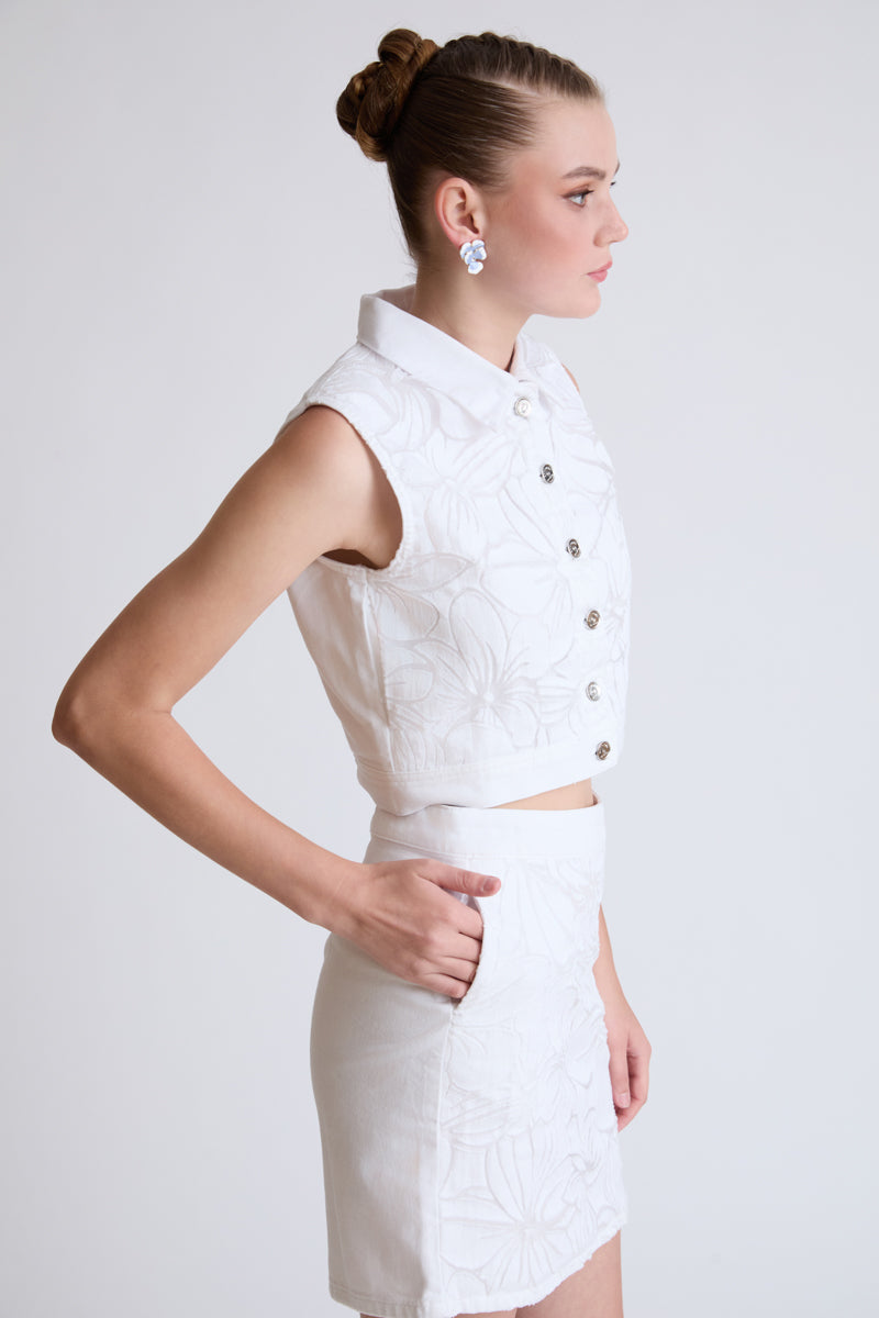 Cotton-polyamide vest with floral relief pattern