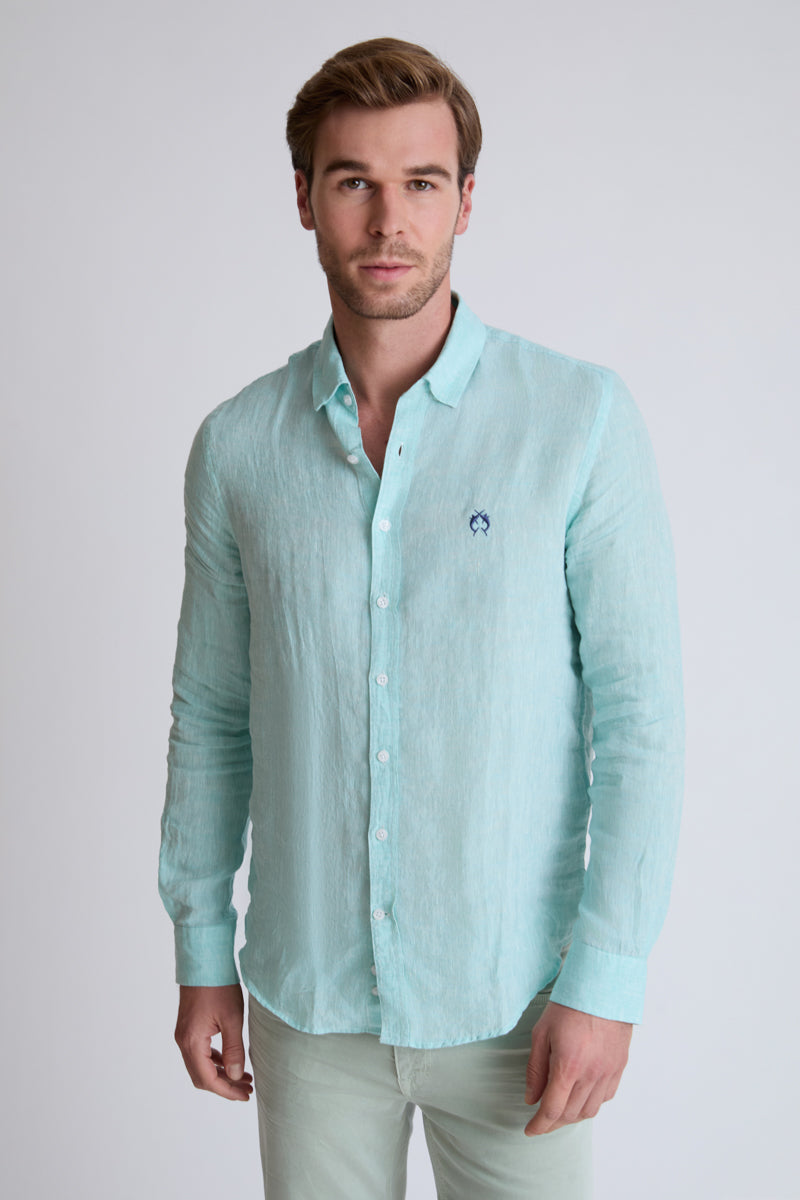 Herrenhemd aus 100% Leinen mit Modern Fit. Atmungsaktiv, leicht und ideal für stilvolle Sommer- und Casual-Looks – mint mel. #Farbe_50701 mint mel.