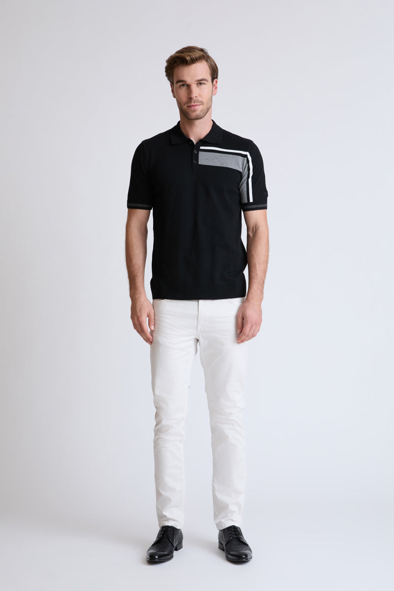 Men's Fine Knit Polo Shirt Viscose Blend – Modern with Graphic Panel
