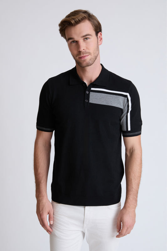 Men's Fine Knit Polo Shirt Viscose Blend – Modern with Graphic Panel