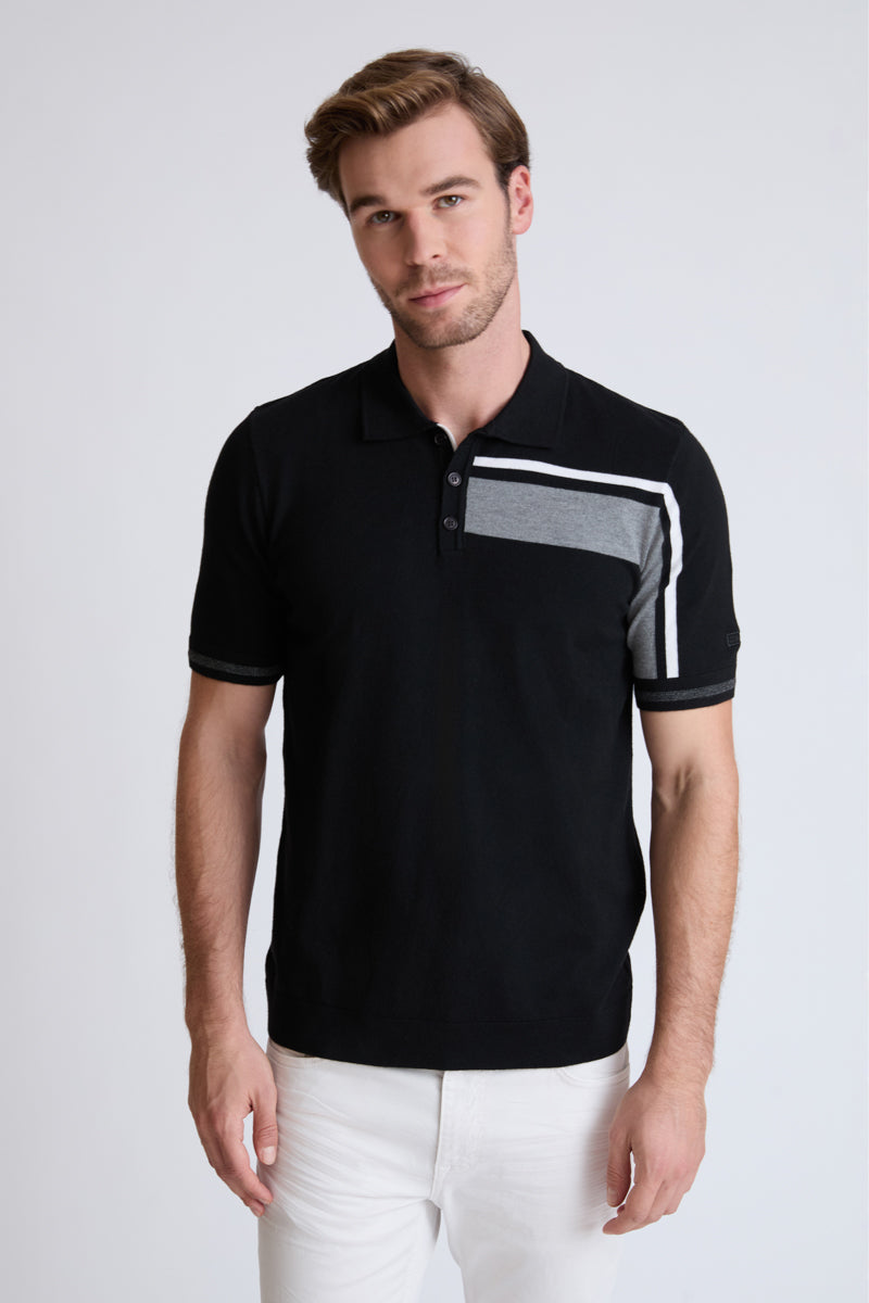 Men's Fine Knit Polo Shirt Viscose Blend – Modern with Graphic Panel