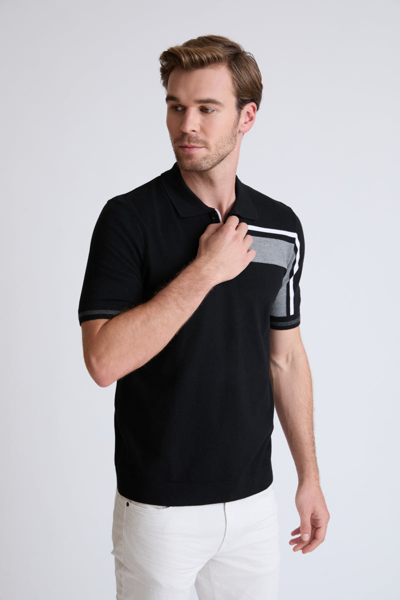 Men's Fine Knit Polo Shirt Viscose Blend – Modern with Graphic Panel