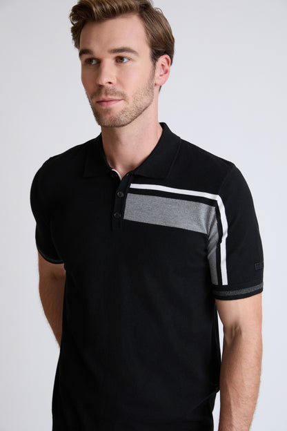 Feinstrick-Polo Herren Viskose-Mix – modern mit Grafik-Panel
